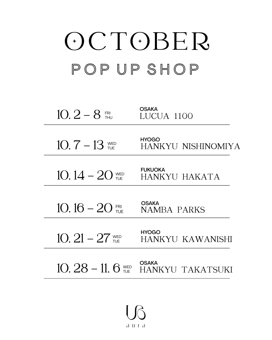 POPUP schedule for October